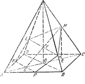пирамида ABCDS, в которой проведено сечение KLMNP, представляющее собой правильный пятиугольник со стороной a